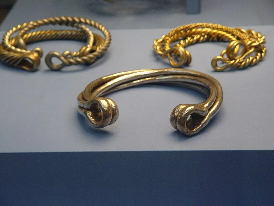 The Snettisham torcs: Gold and silver neck rings twisted from solid wire, Iron Age Britain, about 75 BC.
