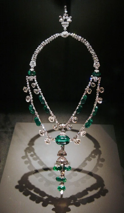 The Spanish Inquisition Necklace: Colombian emeralds and old Indian-cut diamonds on a long necklace.
