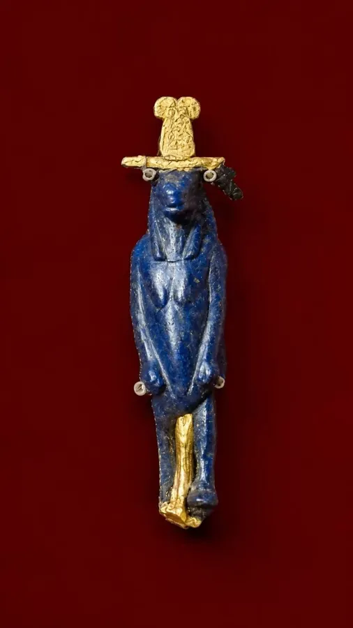 Taweret in gilded lapis: A small figure of Taweret, the hippopotamus goddess who protected mothers and childbirth, carved in lapis lazuli and gilded.