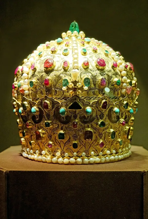 The Crown of Stephen Bocskai: A gold crown set with rubies, spinels, emeralds, turquoises and pearls, given by the Ottoman sultan to Stephen Bocskai, Prince of Transylvania, in 1605.