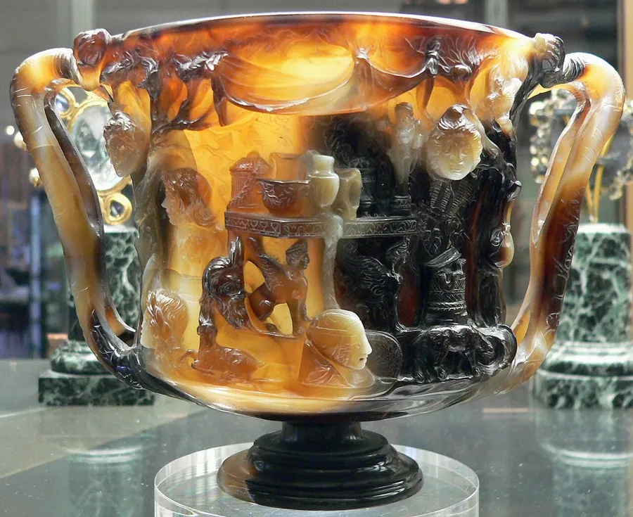 The Cup of the Ptolemies: A two-handled cup carved from a single block of sardonyx with Dionysian scenes. It was used as a chalice in the treasury of Saint-Denis and is now in the French national library’s museum.
