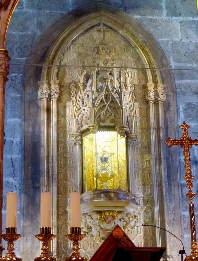 The Holy Chalice of Valencia: A cup of dark red agate set in a medieval gold mount with handles, pearls and gems, venerated in Valencia Cathedral as the Holy Grail.