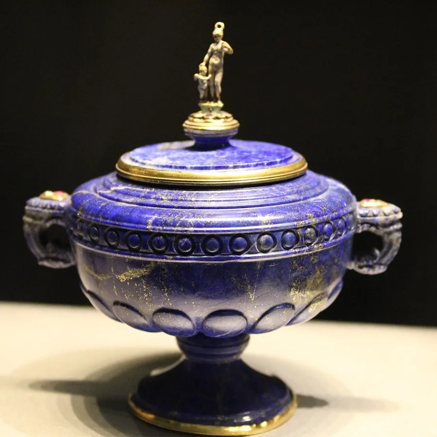 The Waddesdon lapis vase: A lapis lazuli vase with enamelled gold mounts, part of the Waddesdon Bequest, the treasure collection left to the British Museum by Baron Ferdinand de Rothschild in 1898.