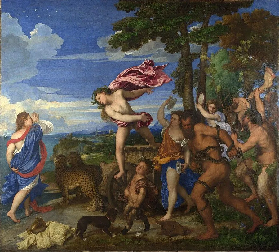 Titian’s Bacchus and Ariadne: a lapis sky: Titian, 1520 to 1523. The deep blue sky and Ariadne’s robe are natural ultramarine, ground from lapis lazuli.
