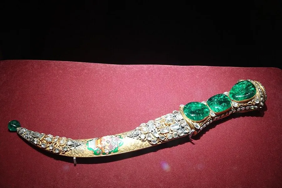 The Topkapi Dagger: An Ottoman dagger of 1746 with three large emeralds on the hilt and a small watch hidden in the end.