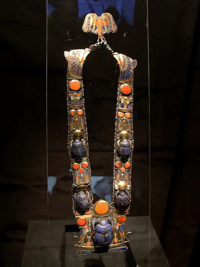 Tutankhamun’s scarab necklace: A gold pectoral and necklace of scarabs, inlaid with lapis lazuli, carnelian, turquoise and feldspar.