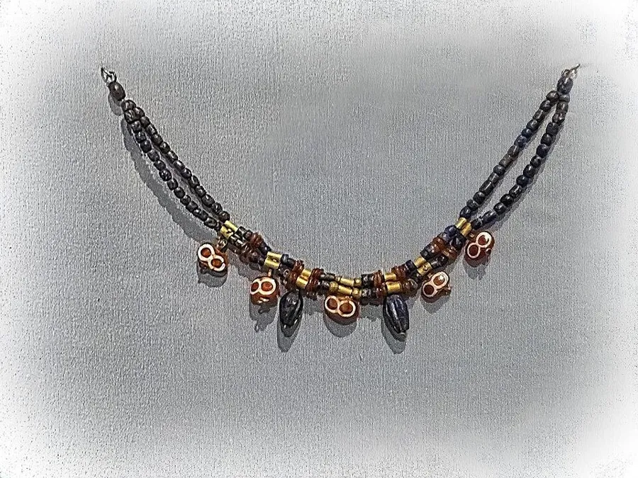 A necklace from the royal cemetery of Ur: Gold, lapis lazuli and carnelian beads, about 2550 to 2450 BC.