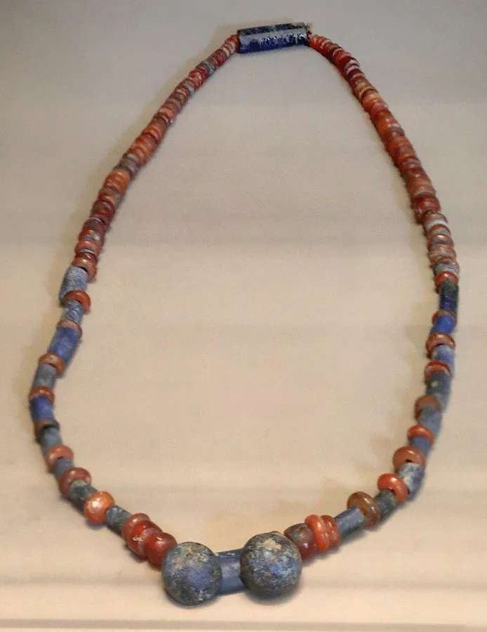 A necklace from Uruk: A necklace of carnelian and lapis lazuli beads from the late Uruk period, Mesopotamia, before 3000 BC.