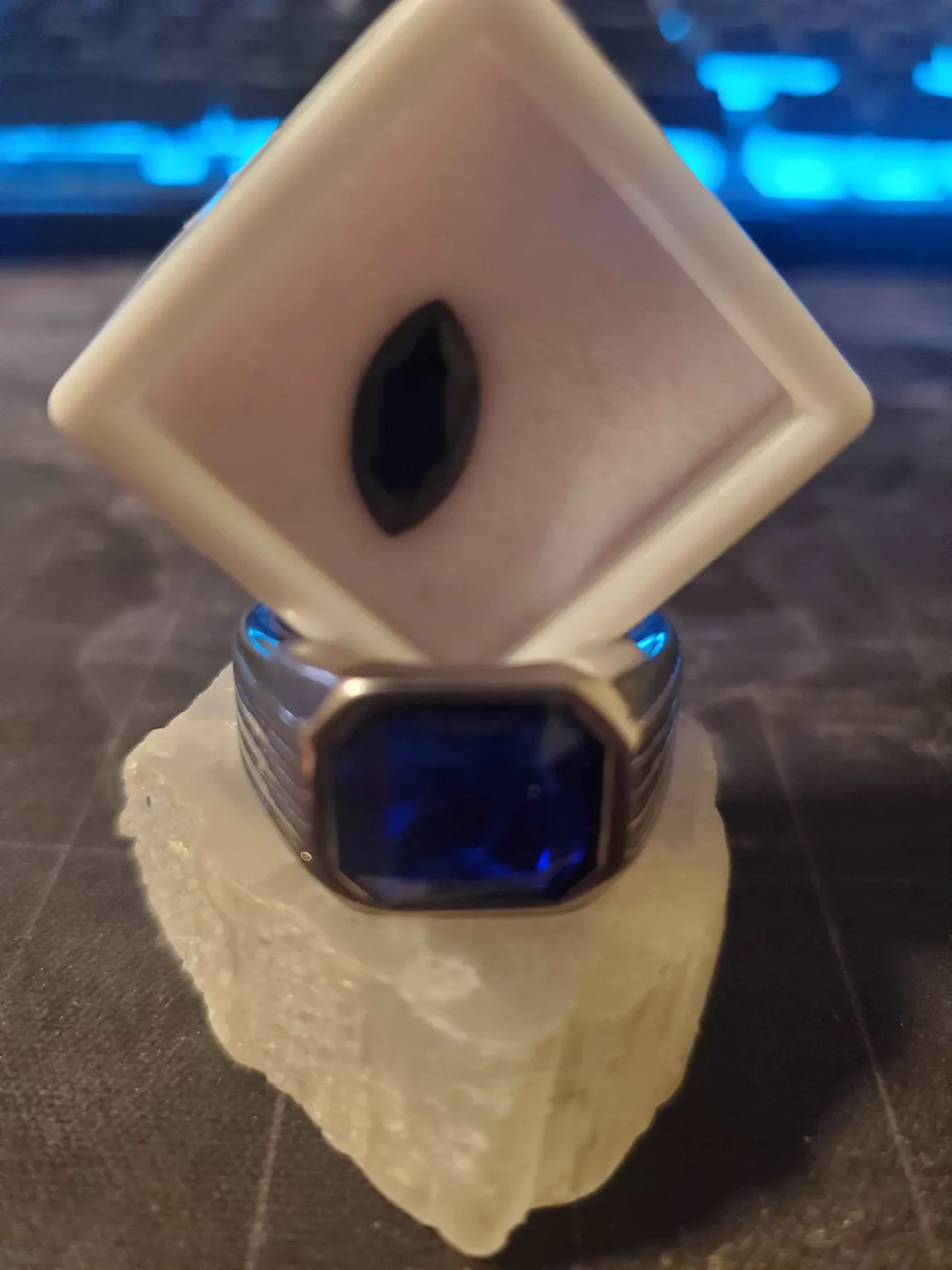 Bestyle signet ring, stainless steel, created blue sapphire