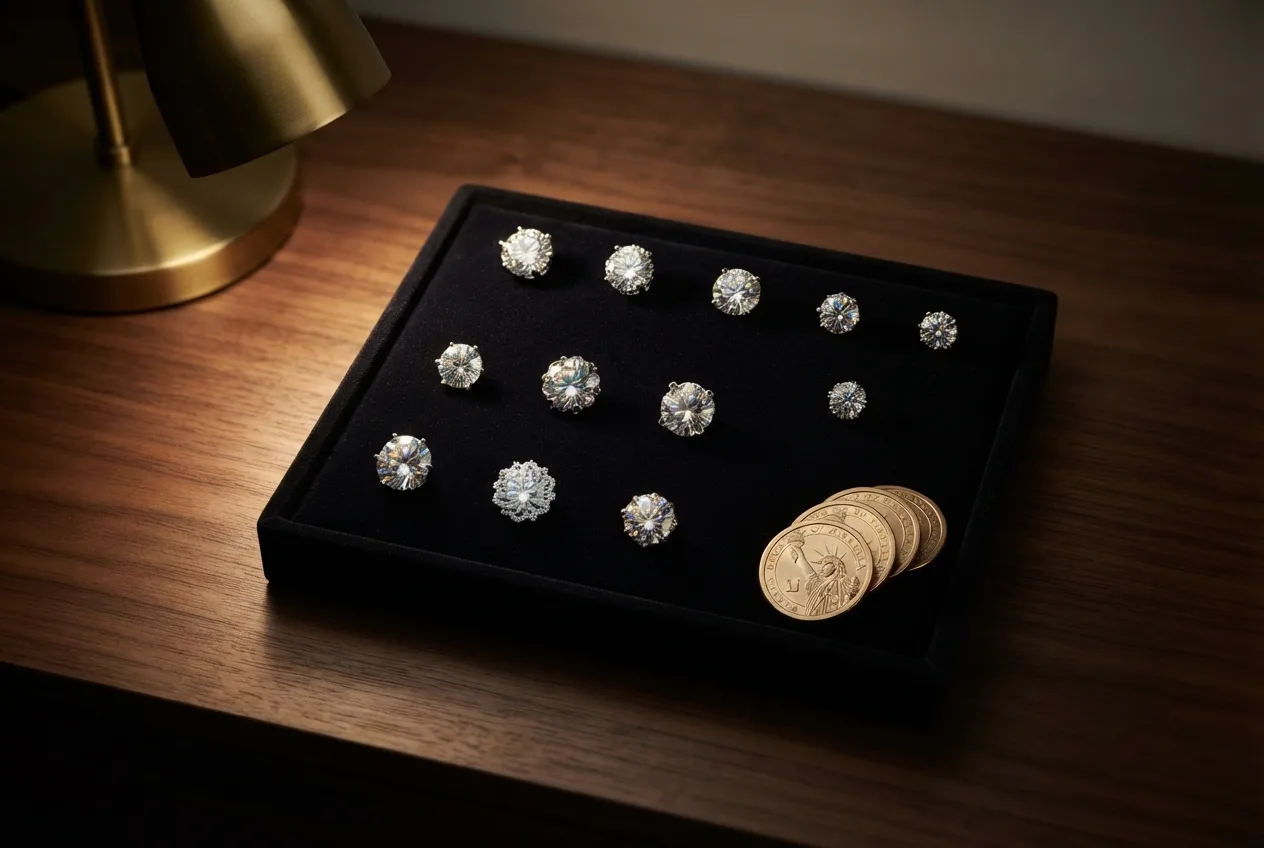 Rendering of eight pairs of moissanite studs in a grid on a velvet tray with dollar coins for scale