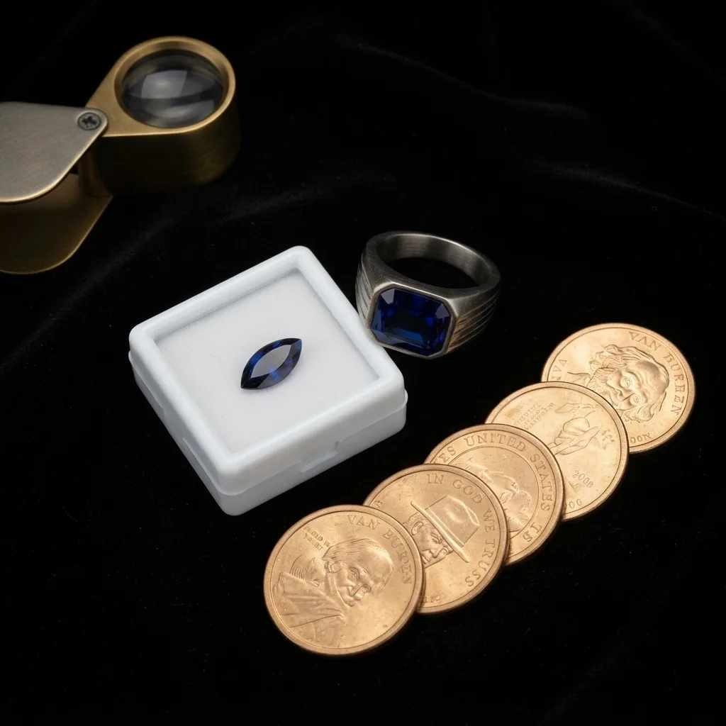 Rendering of the blue sapphire signet ring, the marquise sapphire in its box and dollar coins on velvet