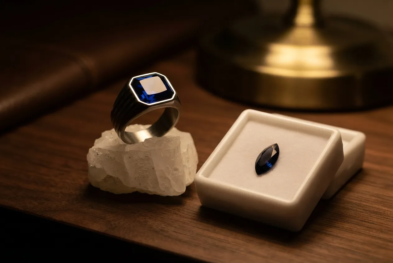 Rendering of the steel signet ring with a blue created sapphire on a quartz crystal beside the marquise sapphire in its box