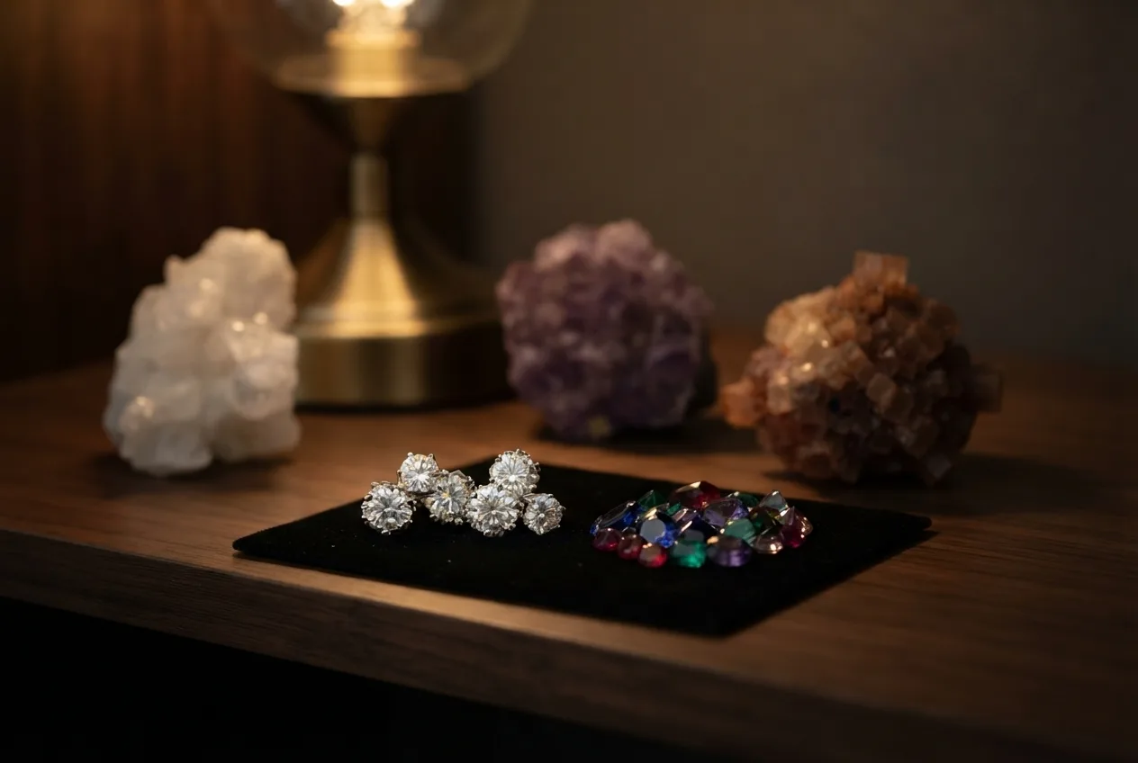 Rendering of moissanite studs and loose coloured gems in front of crystal clusters on a shelf