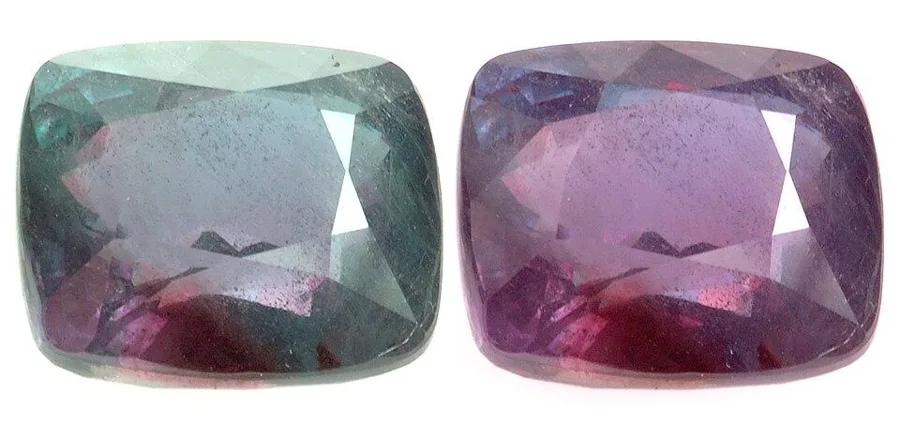 The same 26.75 ct stone twice: bluish green in daylight, purple-red under an incandescent bulb. Mined alexandrite this large is extremely rare.