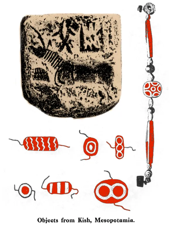 An Indus seal and etched carnelian beads found at Kish in Iraq, published by Ernest Mackay in 1925.
