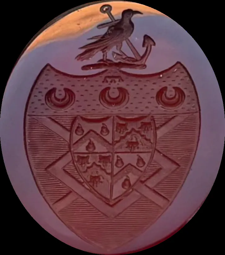 Captain Alexander Hood's gold and carnelian armorial fob seal, about 1792 to 1798.