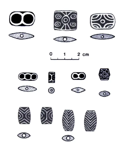 Decorated carnelian beads from Chanhu-daro, the Harappan bead town, published by Mackay in 1943.