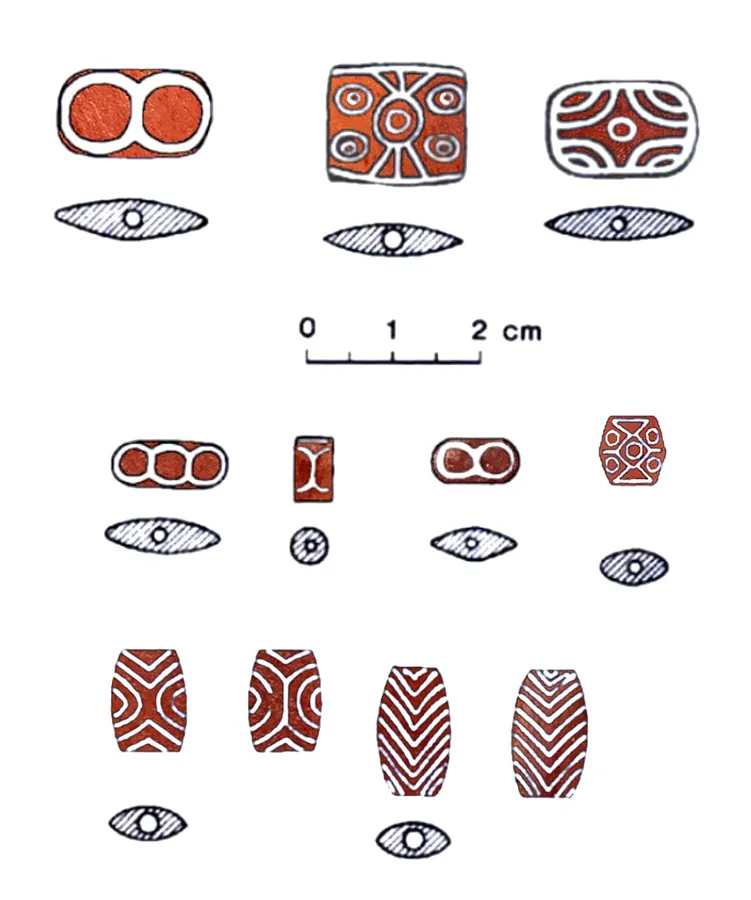 Indus etched carnelian designs drawn by Ernest Mackay, on a carnelian background.