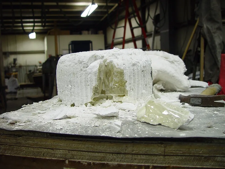 A "skull" of zirconia broken open after a growth run: the crust of powder is cracked away to reveal the crystals that grew inside.