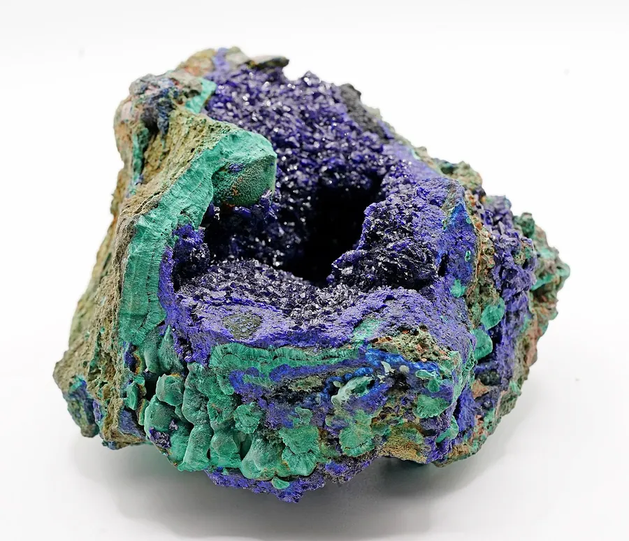 Azurite and malachite together, from Daye, Hubei, China: the blue and green copper minerals form side by side.
