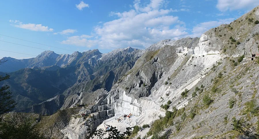 The Apuan Alps above Carrara: the white scars on the mountains are marble quarries, not snow.