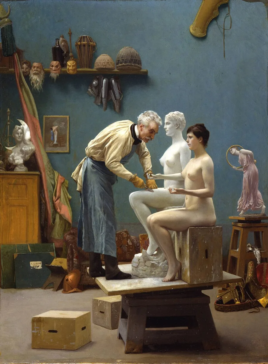 Working in Marble (1890), Jean-Léon Gérôme's painting of himself carving a marble statue in his studio.