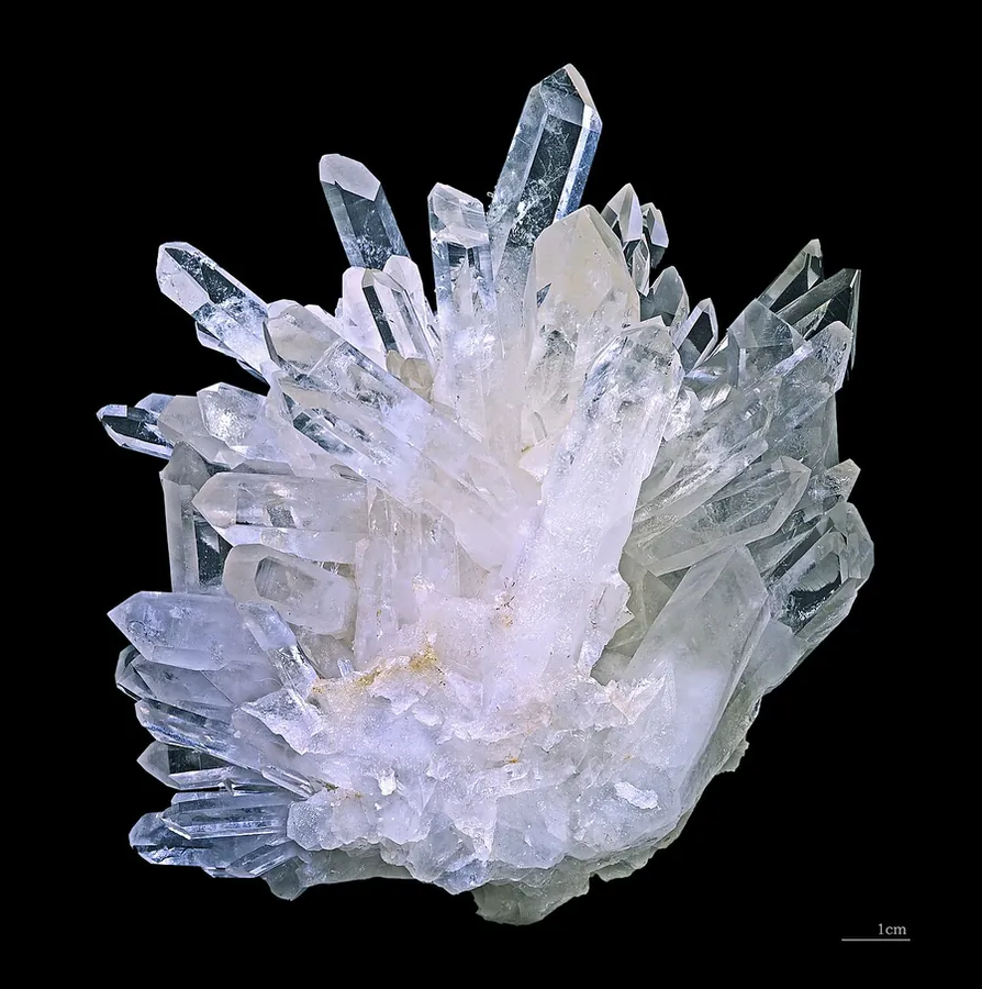 A cluster of clear quartz crystals from the Oisans region of the French Alps.