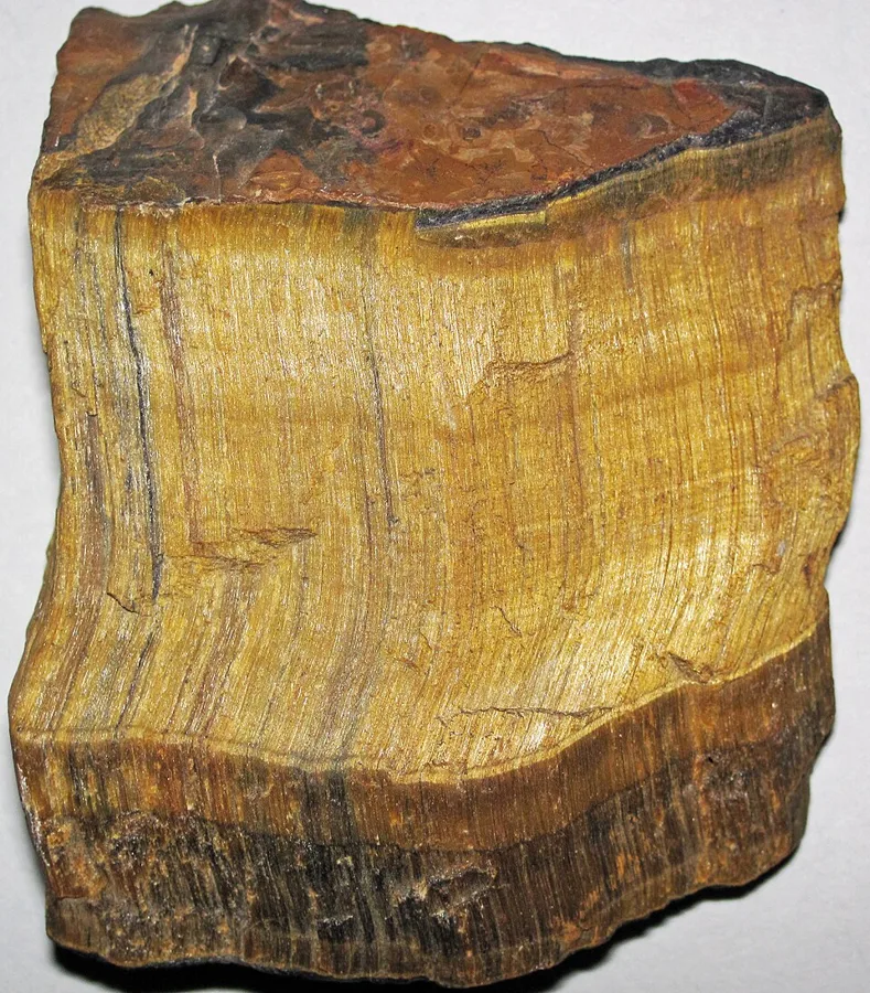 Raw tiger's eye: golden bands of fibrous quartz in an iron-rich rock, as mined in South Africa.