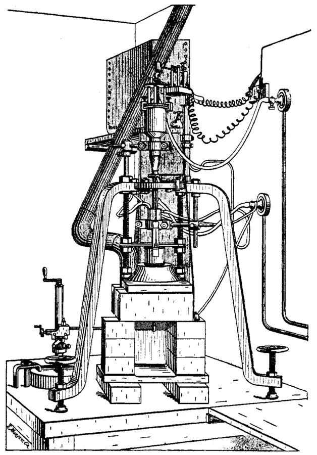 Pictured: a flame-fusion torch of Verneuil’s era. Powder falls through the flame and builds the boule drop by drop.