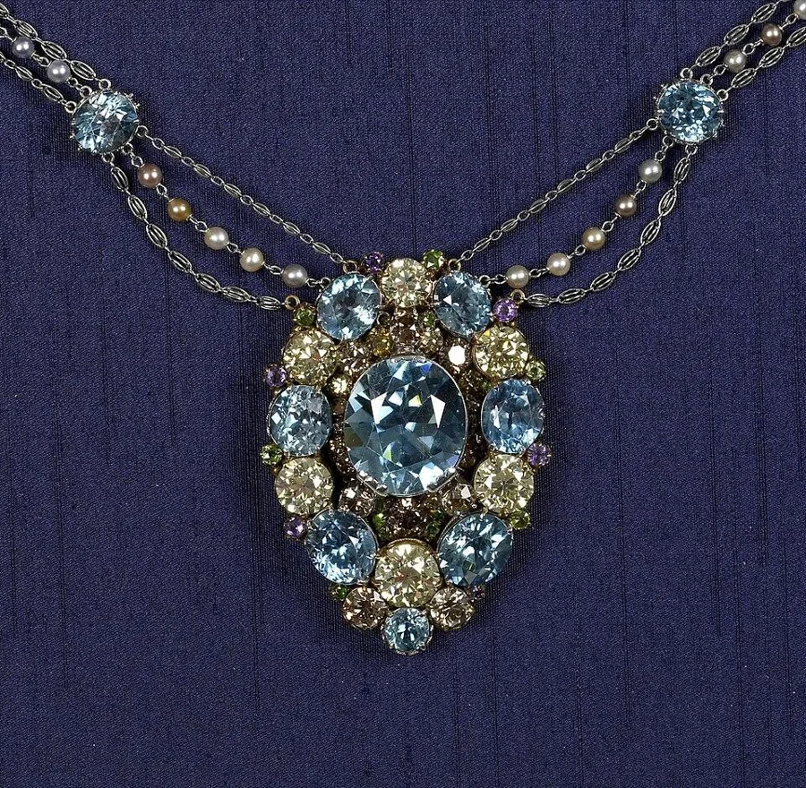 Blue zircon surrounded by yellow diamonds in a Tiffany & Co. pendant necklace from the early 1900s, when Louis Comfort Tiffany ran its art jewellery department. Walters Art Museum, Baltimore.